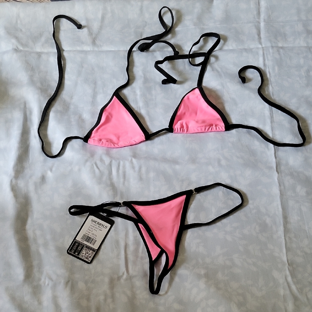 Pink and Black Thong Bikini Set